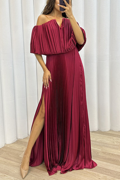 Pleated Off-shoulder Split Elegant Dress Women