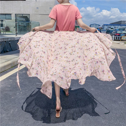 Jupe florale Style vacances, robe en mousseline de soie, une pièce à volants