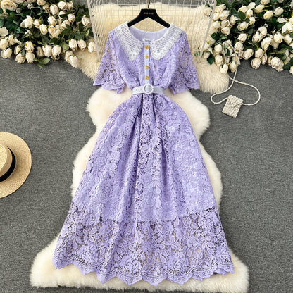 Sweet Contrast Color Doll Collar Breasted Slim-fit Mid-length Lace Dress