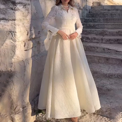 Vestido ajustado de manga larga estilo francés Retro con cuentas de flores en el pecho delantero blanco europeo y americano