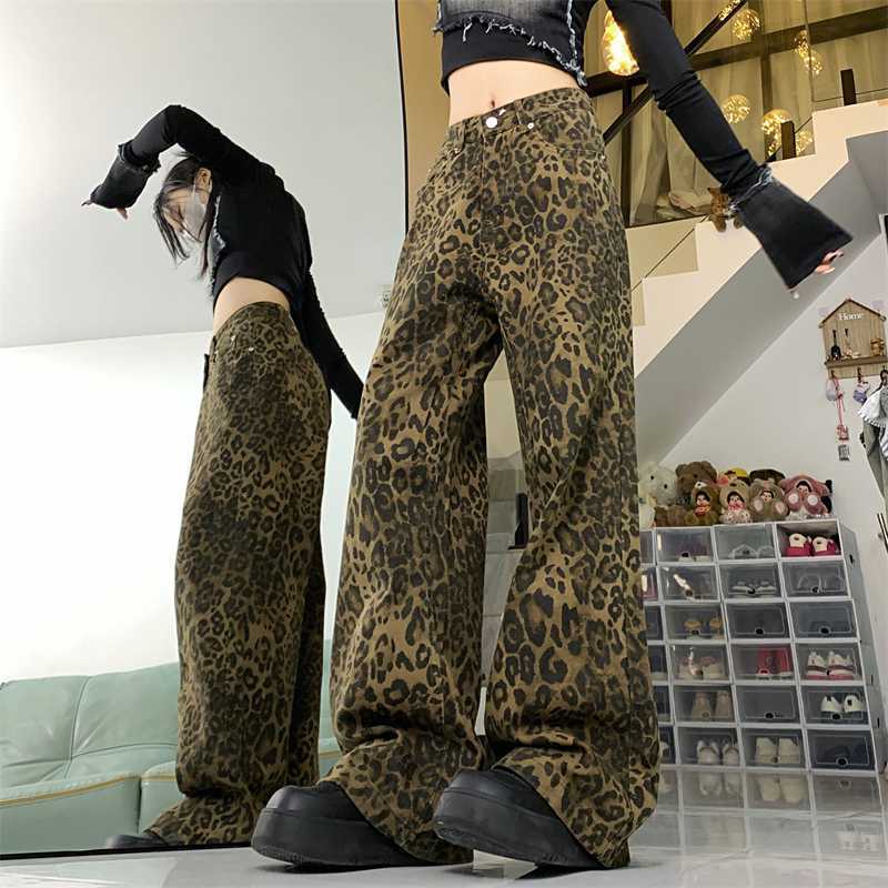 Vaqueros de pierna ancha con estampado de leopardo vintage de estilo americano para mujer