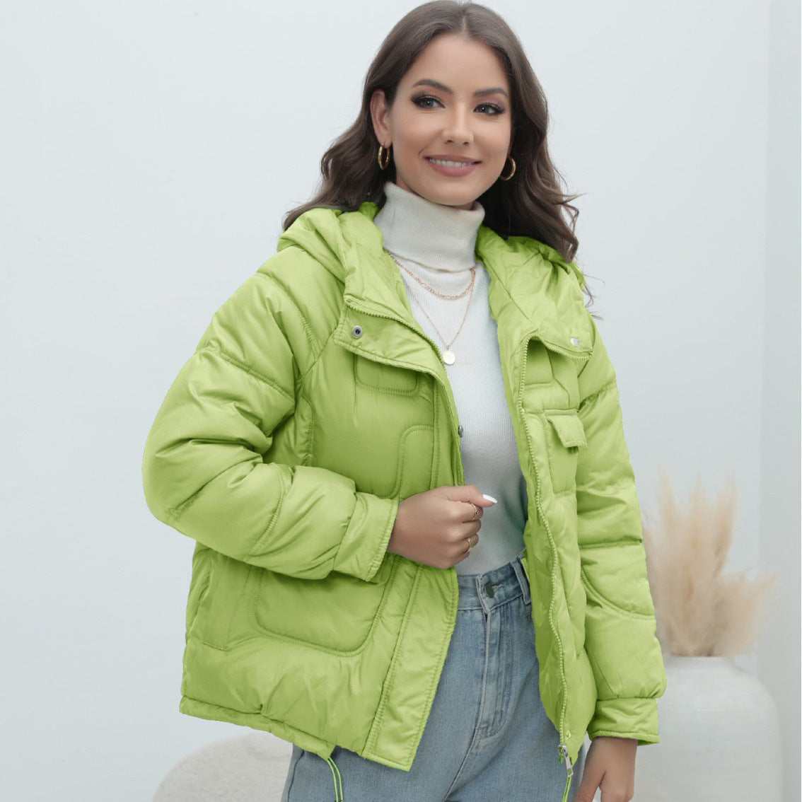 Manteau rembourré en coton pour femmes, épais, couleur vive, col montant