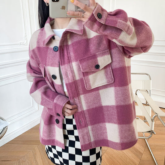 Wool Plaid Short Coat Shirt Collar Women's Loose Top Woolen Coat For Men And Women