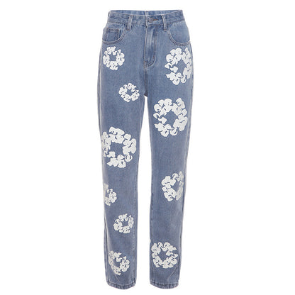 Fashionable Printed High Waist Straight Jeans For Women