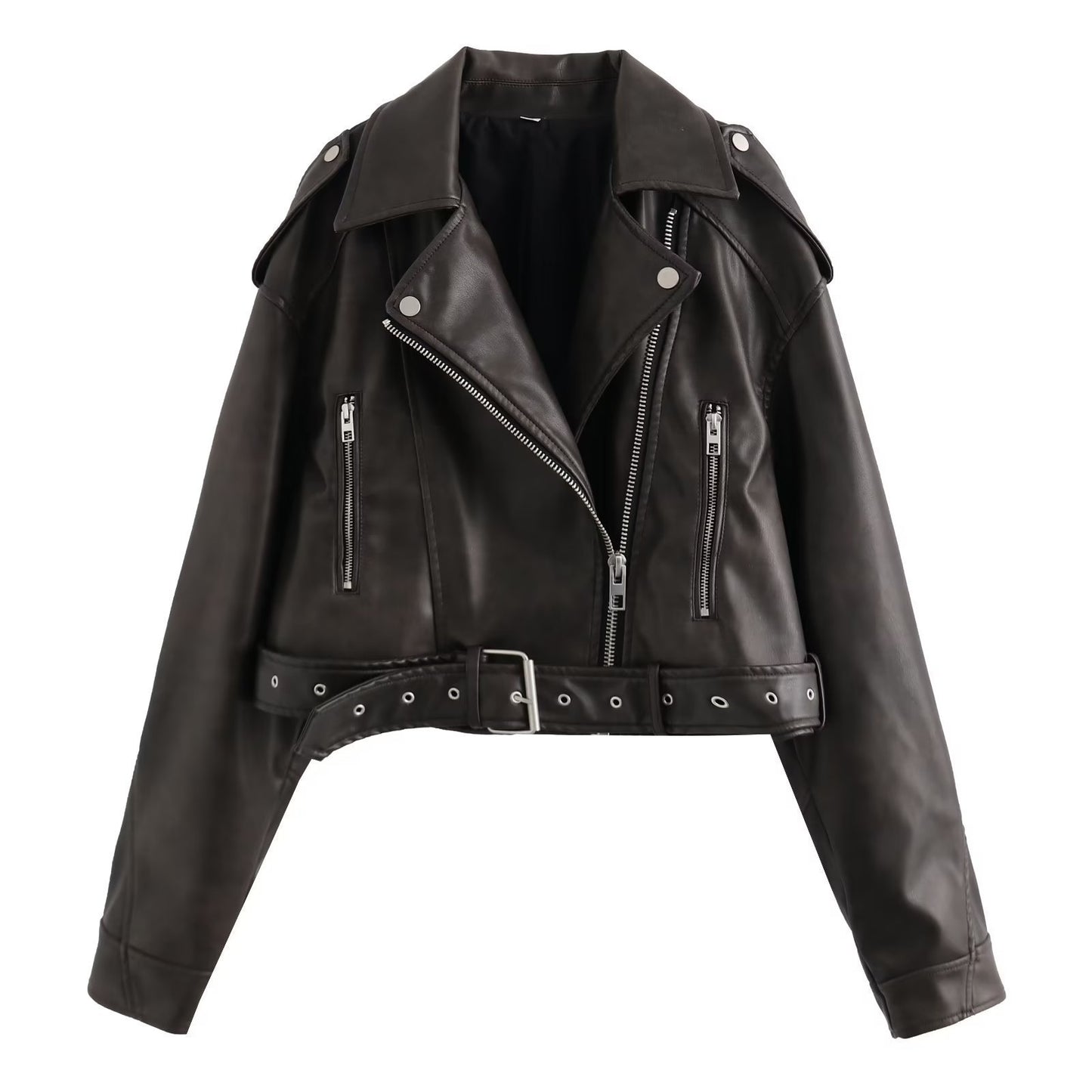 Women's Fashion Two-tone Leather Distressed Lapel Baggy Coat