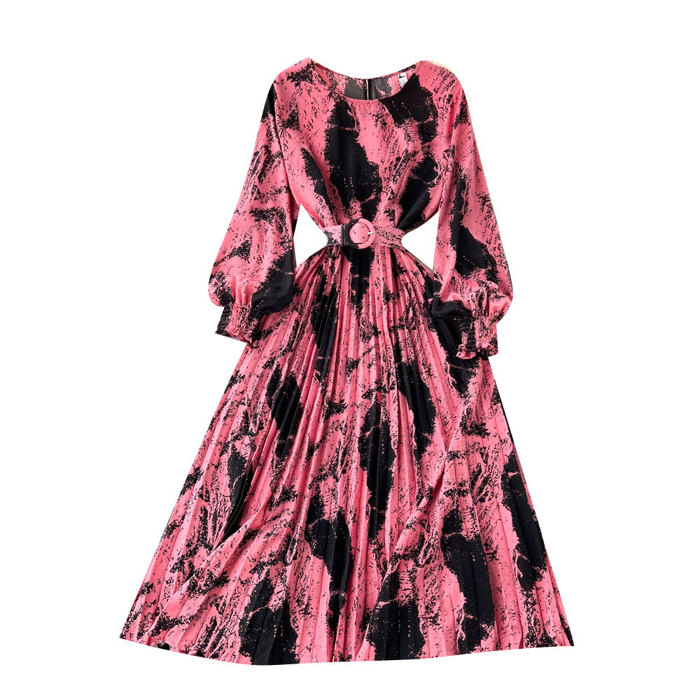 European And American Style Retro Printed Heavy-duty Pleated Dress Socialite Dress