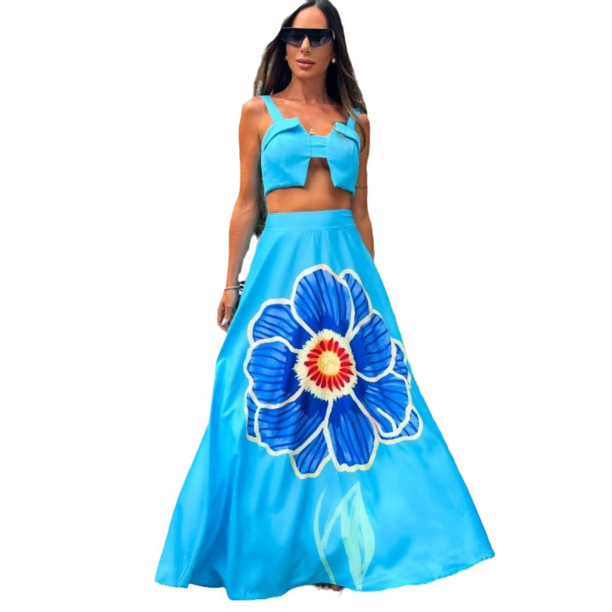 Conjunto de dos piezas dividido con traje de midriff estampado azul para mujer