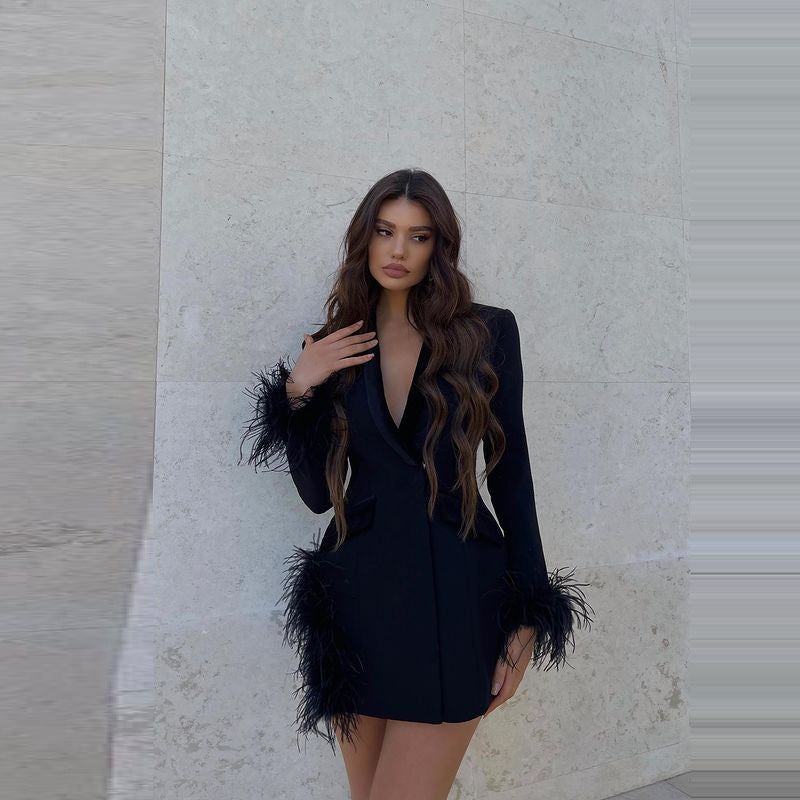 Women's Fashion Long Sleeve Ostrich Feather Deep V Dress