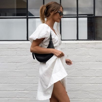 Vestido corto con mangas abullonadas y cuello en V para mujer a la moda