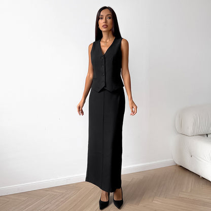 Conjunto de dos piezas con vestido largo y chaleco negro de moda para mujer