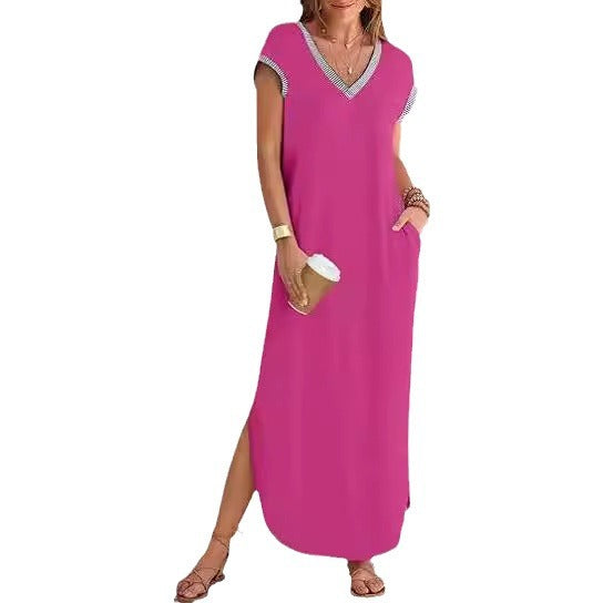 Women's Short-sleeved Dress V-neck Slit Loose