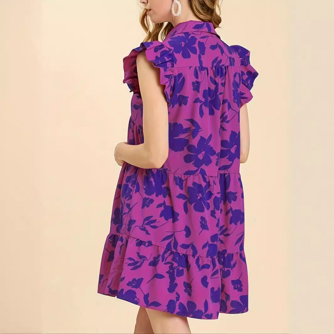 Women's V-neck Flounce Magenta Floral Dress