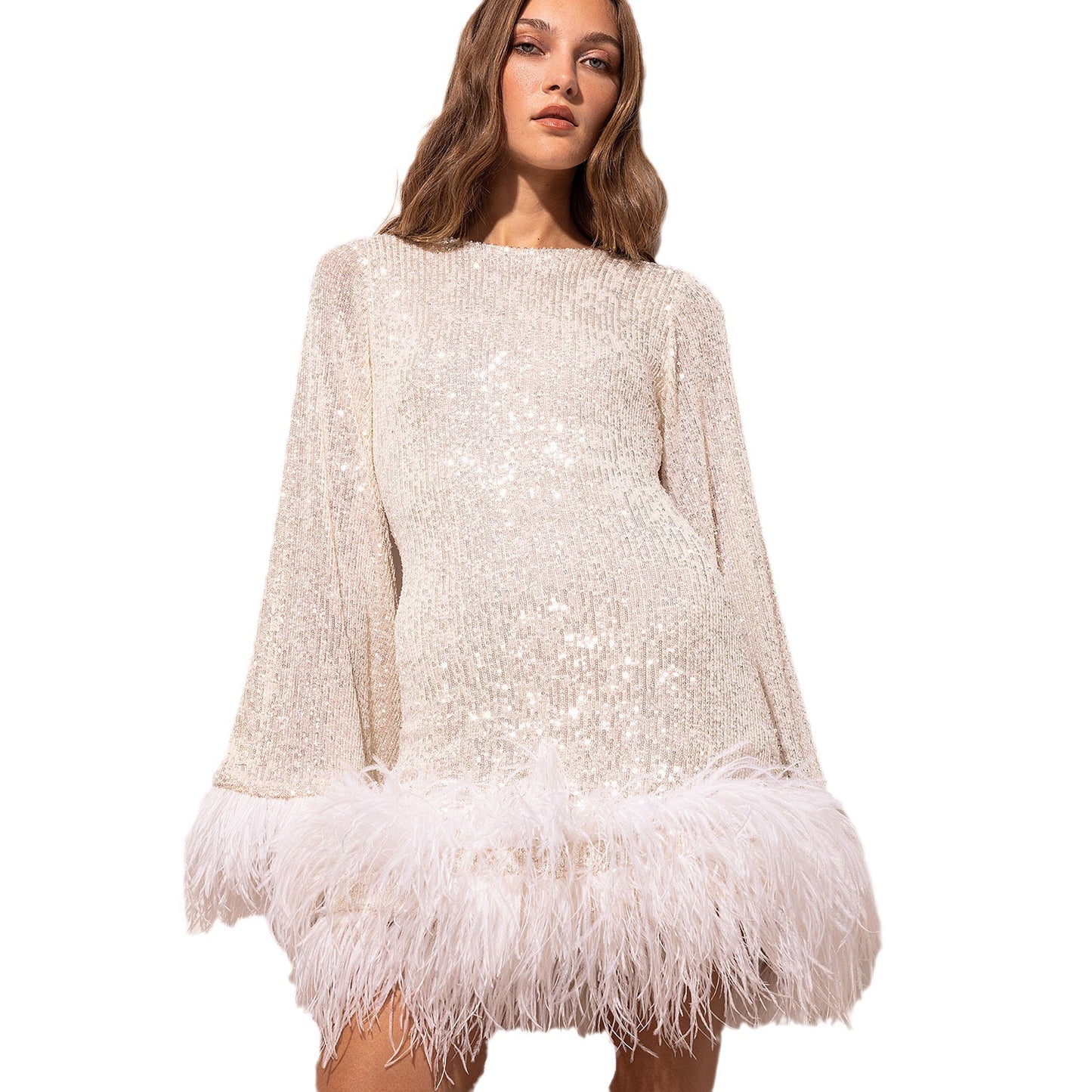 Women's Waist Bare Back Long Sleeve Sequined Feather Dress