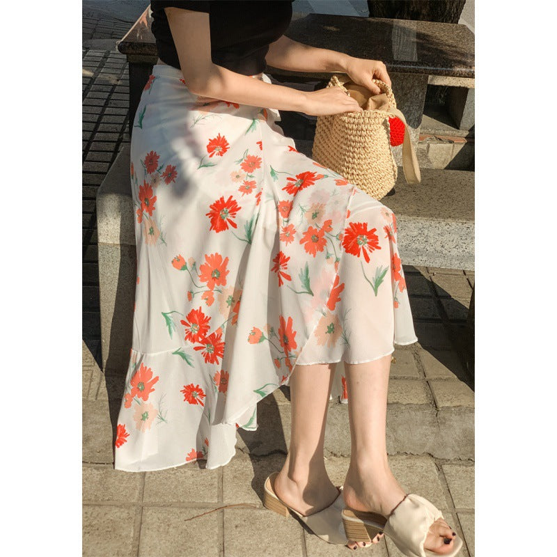 Jupe florale Style vacances, robe en mousseline de soie, une pièce à volants