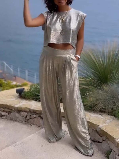 Women's Casual Glossy Vest Wide Leg Pants Two-piece Suit