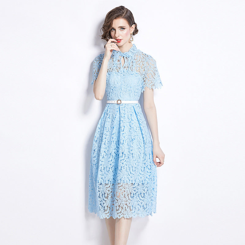 Blue Water Soluble Lace Uneven Collar Dress