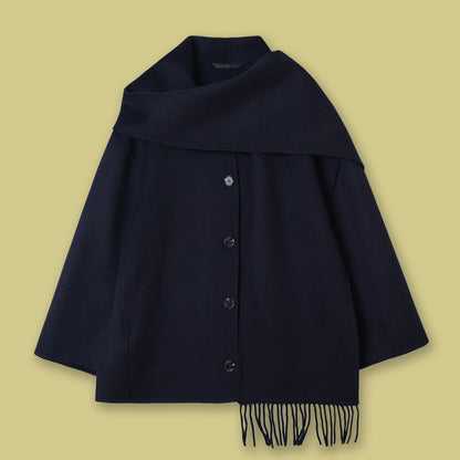 Casual Style Tassel Scarf Collar Wool Blended Double Sided Cotton Coat