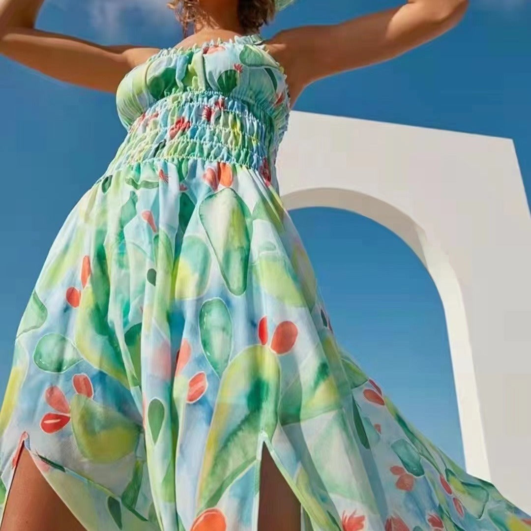 Vestido tipo largo sin tirantes con tirantes y estampado de moda