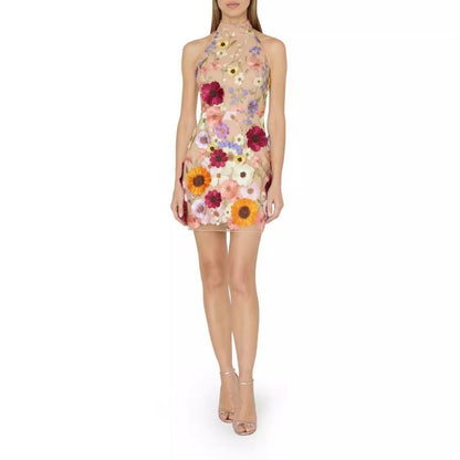 European And American Embroidery Three-dimensional Flower Halter Slim Fit Dress