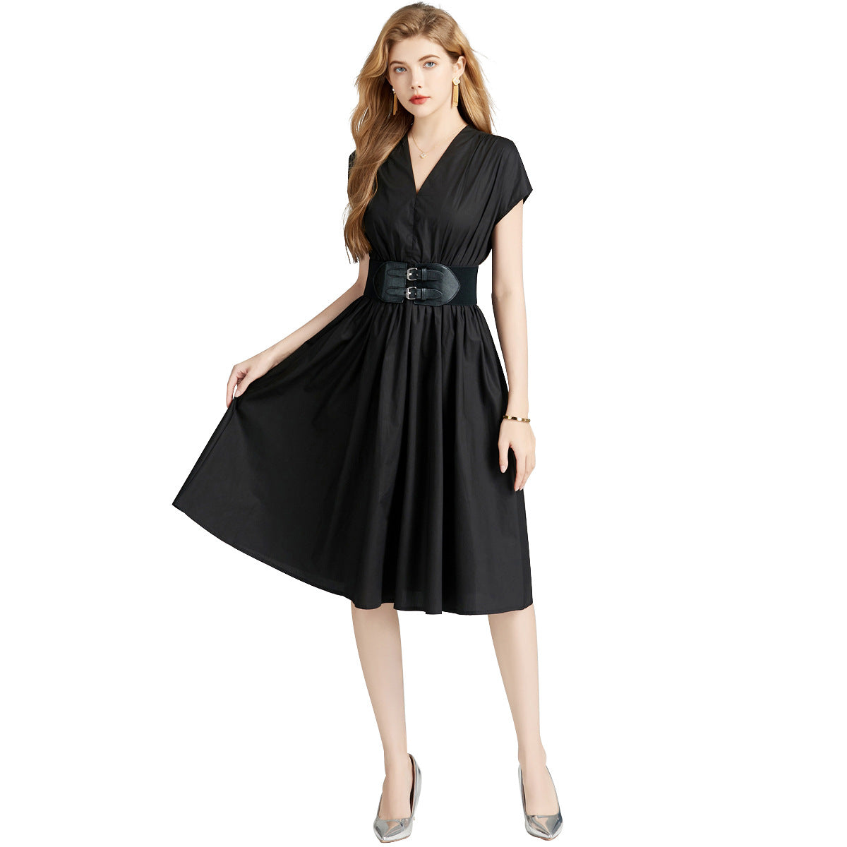 V-neck Cinched Waist Slim-fit Black Dress