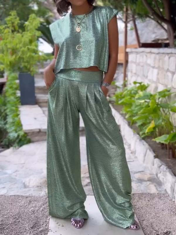 Women's Casual Glossy Vest Wide Leg Pants Two-piece Suit