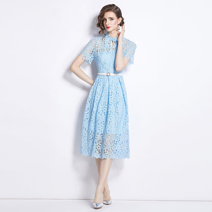 Blue Water Soluble Lace Uneven Collar Dress