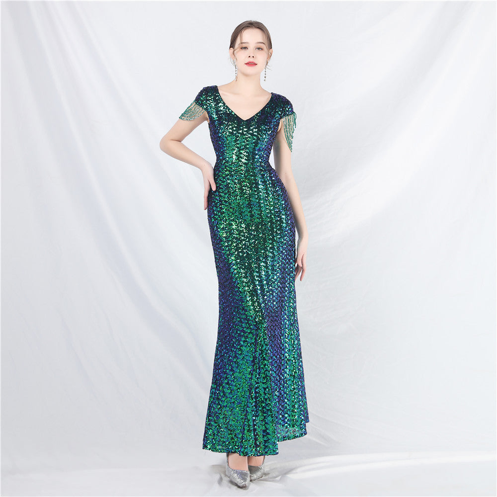 Robe trapèze à paillettes et perles artisanales pour femmes