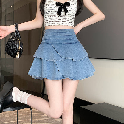 Denim Skirt Elastic Waist Lotus Leaf Border Light Skirt