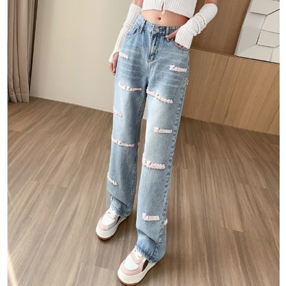 Women's Wide-leg Jeans Embroidered Letters Straight-leg Pants