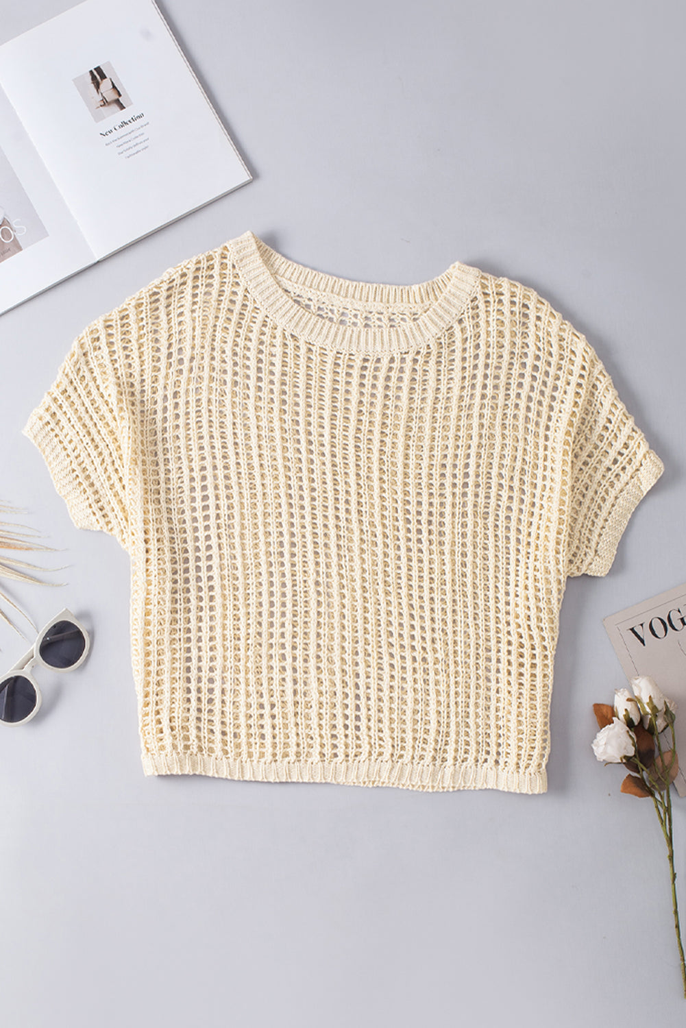 Apricot Fishnet Knit Ribbed Round Neck Short Sleeve Sweater Tee