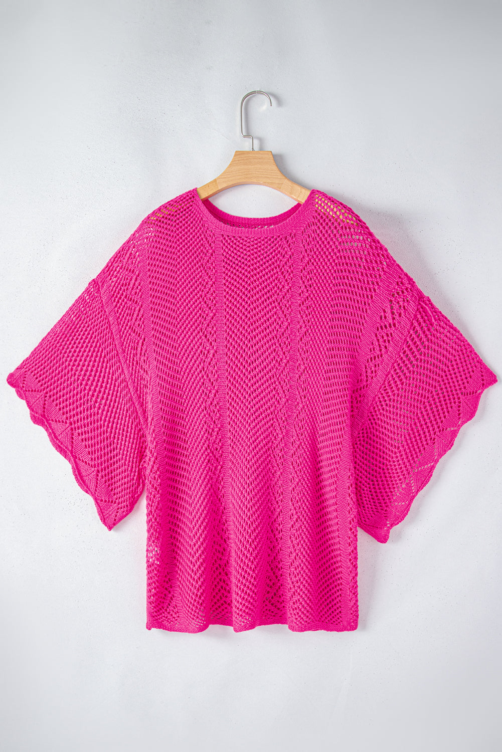 Rose Red Pointelle Knit Scallop Edge Short Sleeve Knit Top