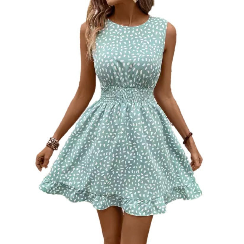 Women's Fashion Round Neck Sleeveless Waist Trimming Printing Dress