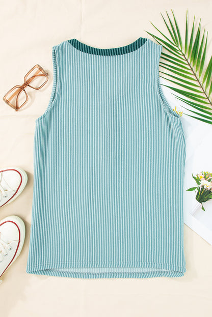 Mint Green Button Contrast V Neck Corded Tank Top