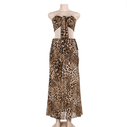 Sexy Two-piece Suit European And American Leopard Print Tube Top Mid-length Dress Set