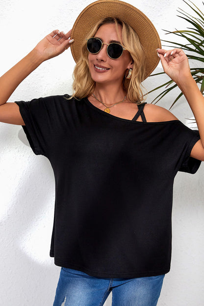 Black Asymmetric Criss Cross One Shoulder T Shirt