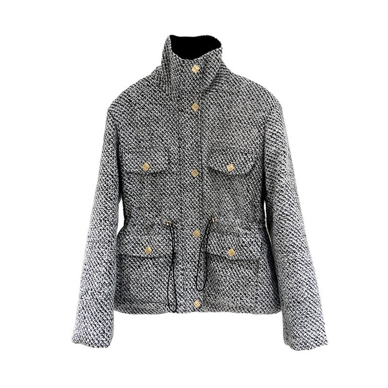 Abrigo de algodón de tweed con cuello alto estilo coreano para mujer