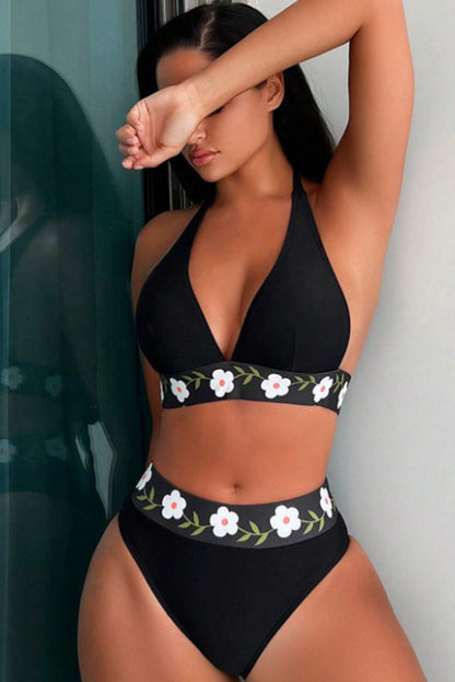 Traje de baño bikini halter con banda floral negro