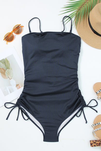 Coffee Side Drawstring Cutout Ribbed One Piece Swimsuit