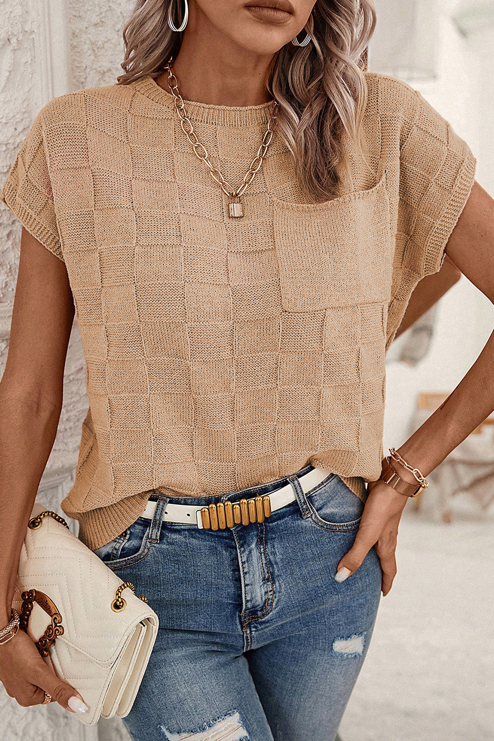 Blusa holgada con bolsillo en el pecho de punto con textura de celosía rosa brillante