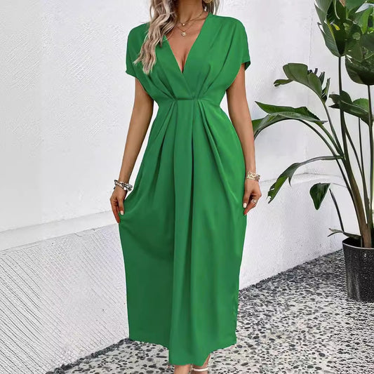 Robe longue de couleur unie, manches à épaules en V profondes, taille élastique pliante