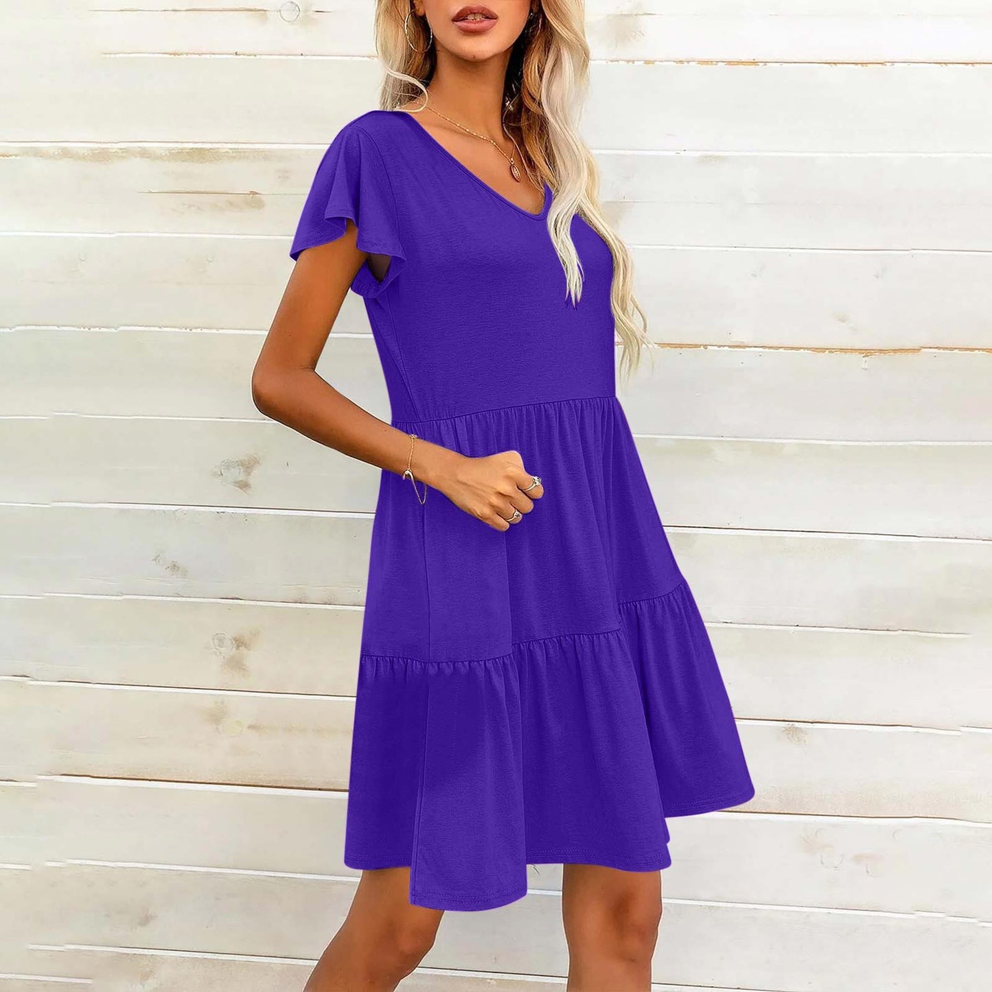 Women's Clothing Flying Sleeves Pleating Layered Short Sleeve Dress