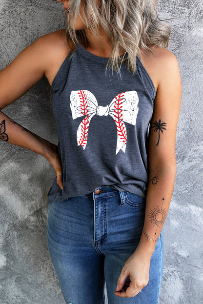 Camiseta sin mangas con cuello halter y estampado de nudo de lazo de béisbol gris