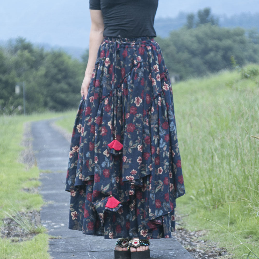 Falda estampada de algodón y lino de mujer de estilo étnico