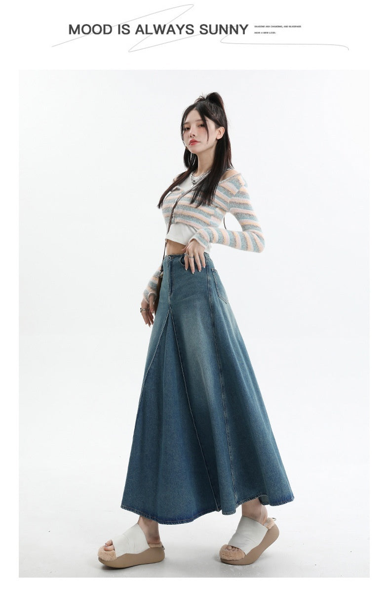 American Style Retro Big Swing Denim Spring New High Waist A- Line Slimming Mid-length Skirt