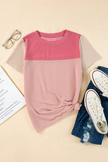 Pink Rib Textured Colorblock T Shirt