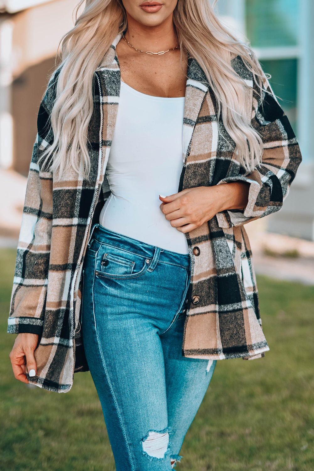 Rose Plaid Print Buttoned Shirt Jacket