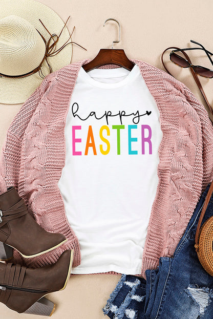 T-shirt blanc à col rond avec lettre Happy EASTER