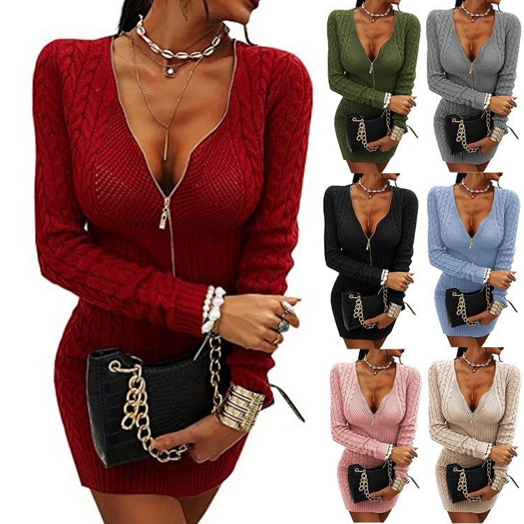 Women's Knitwear Mid-length Slim Fit Dress Sweater Solid Color And V-neck Pullover Zip-up Shirt