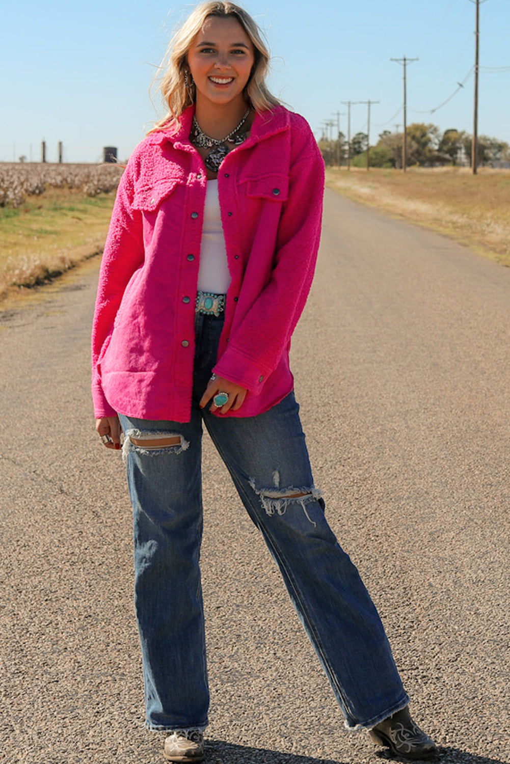 Chaqueta con botones y patchwork de sherpa de ante sintético en rosa brillante