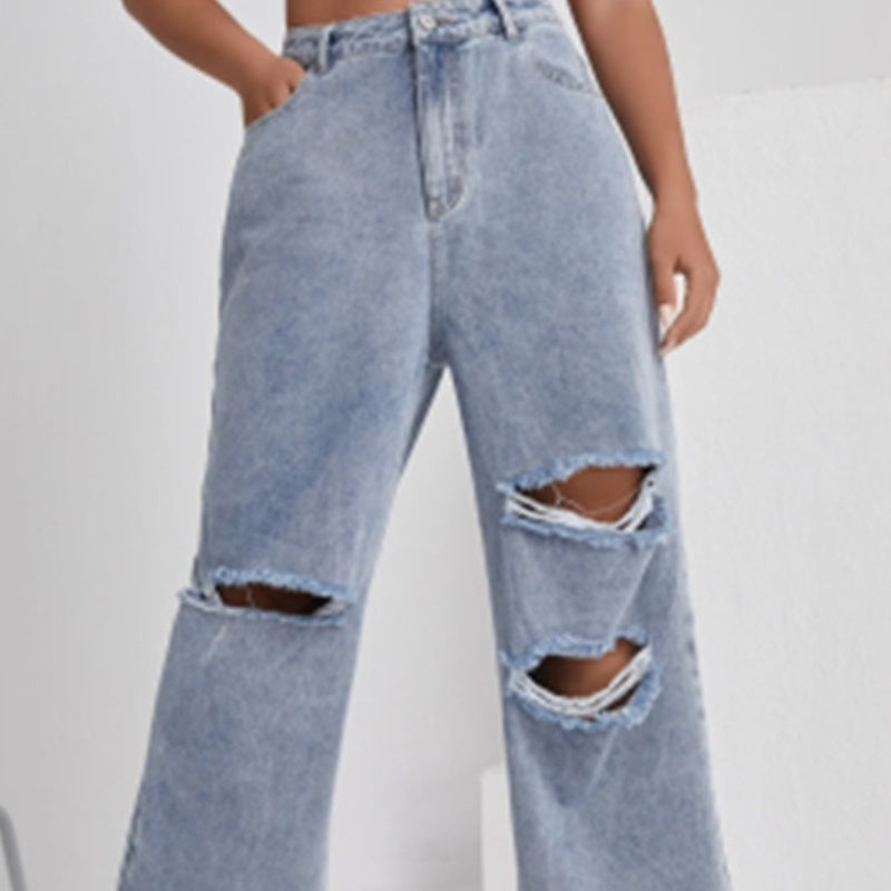 Pantalon droit en denim avec trou taille haute pour femme